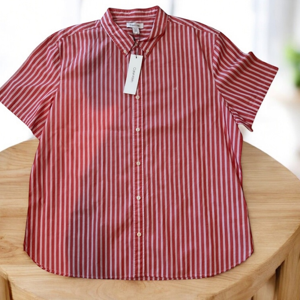 Calvin Klein Button Down Shirt Mens 2XL Red White Stripe Short Sleeve NWT
